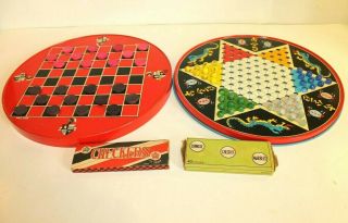 Vintage 2 - Sided Checkers Litho Game Tin W/marbles & Wood Cks - Ohio Art Old Logo