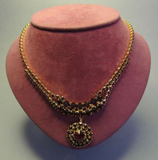 Vintage Czech Bohemian Garnet Glass Rhinestones & Brass Necklace