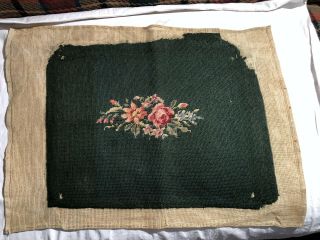Vtg Mcm Needlepoint Canvas Prework Wool? Floral Chair/bench Seat Cover Dk Green
