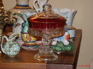 Vintage Ruby Red Thumbprint Kings Crown Glass Candy Dish Compote With Lid/cover