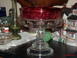 Vintage Ruby Red Thumbprint Kings Crown Glass Candy Dish Compote with Lid/Cover 2