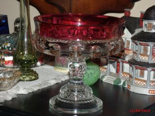 Vintage Ruby Red Thumbprint Kings Crown Glass Candy Dish Compote with Lid/Cover 3