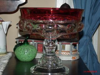 Vintage Ruby Red Thumbprint Kings Crown Glass Candy Dish Compote with Lid/Cover 4