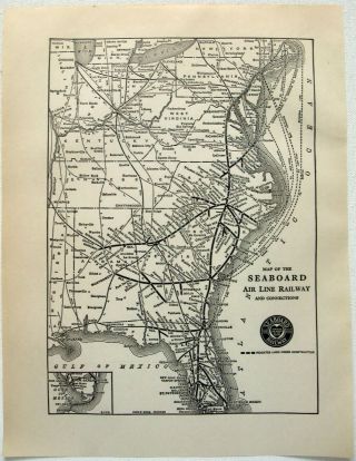 1926 Map Of The Seaboard Air Line Railway.  Vintage