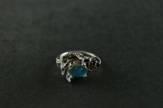 Vintage Sterling Silver Floral Ring W Blue Opal Stone - 5g