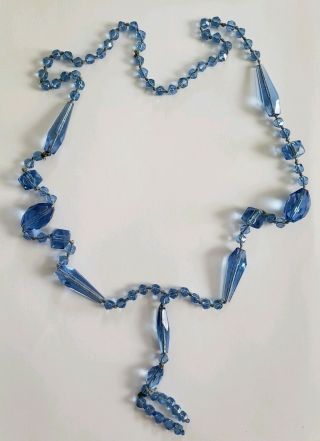 Vintage Blue Czech Glass Bead Tassel Knotted Sautoir Flapper Necklace 30 " Long
