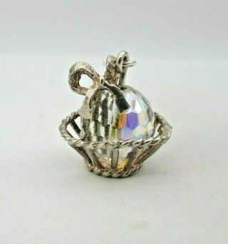 Vintage Sterling Silver Charm Pendant Clear Crystal Ball In A Basket 5.  5 G