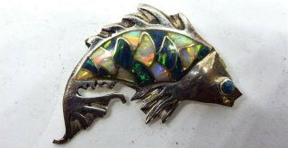 Cute Vintage Signed R.  L.  Opal & Sterling Silver Fish Brooch Pin Pendant