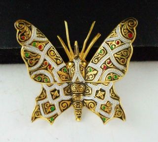 Pretty Vintage Spain Damascene Butterfly Pin Brooch W/red & Green Enamel Accents