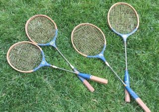4 Vintage Wood Badminton Rackets By Flash