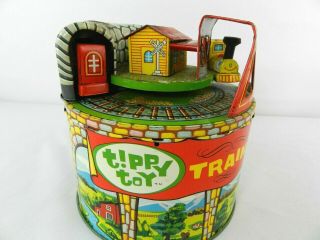 Vintage Tin Tippy Toy Train Two Train Cars On Round Trestle 6 1/2 " Tall Japan