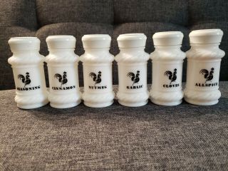 Vintage Hazel Atlas Milk Glass Spice Shakers Set Of 6 With Black Rooster Htf