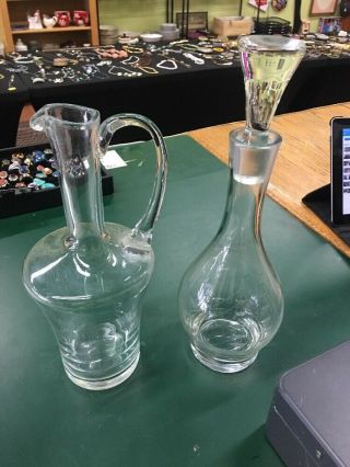 Set Of Two Vintage Clear Glass Wine Decanters,  Made In Poland.