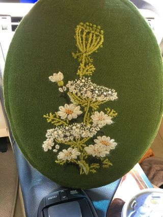Vintage Wild Flowers Floral Finished Completed Wall Art Crewel Embroidery Green