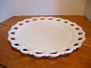 Vintage Open Heart Lace Edge Milk Glass Round Cake Plate Platter,  13 "