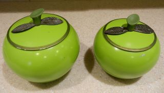 Mcm Set Of 2 Vintage Aluminum Lime Green Apple Kitschy Kitchen Canisters