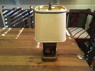 Vintage Chinese Tin Tea Caddy Table Lamp W Silk Shade - Made In England