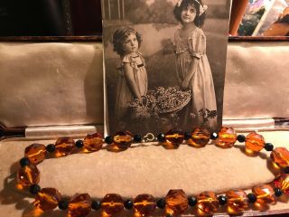 Vintage Chunky Art Deco Czech Amber Glass And Jet Beads Necklace