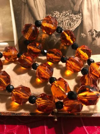 Vintage Chunky Art Deco Czech Amber Glass And Jet Beads Necklace 2