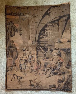 Vintage French Tapestry Wall Hanging 24” X 32” France Musicians Dancing Monkey