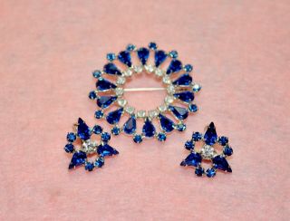 Blue & Clear Rhinestone B David Vintage Brooch Pin & Earrings Signed