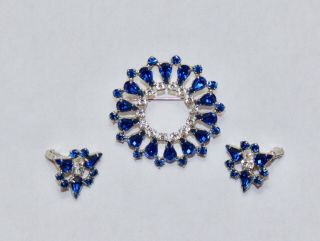 Blue & Clear Rhinestone B DAVID Vintage Brooch Pin & Earrings Signed 2