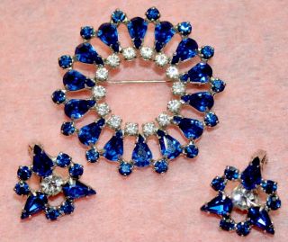 Blue & Clear Rhinestone B DAVID Vintage Brooch Pin & Earrings Signed 3