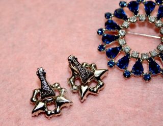 Blue & Clear Rhinestone B DAVID Vintage Brooch Pin & Earrings Signed 4