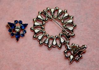 Blue & Clear Rhinestone B DAVID Vintage Brooch Pin & Earrings Signed 5