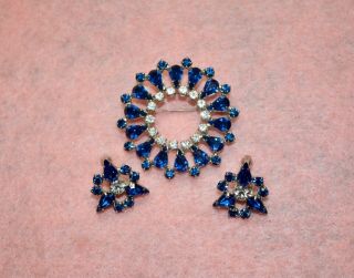 Blue & Clear Rhinestone B DAVID Vintage Brooch Pin & Earrings Signed 7
