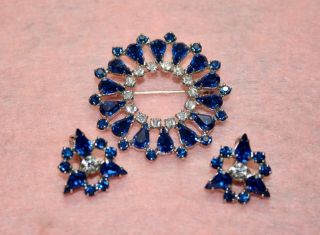 Blue & Clear Rhinestone B DAVID Vintage Brooch Pin & Earrings Signed 8