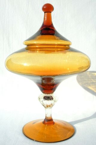 Large Vtg 60 ' s Amber Glass Bon Bon/Apothecary Jar Empoli Italy 2 of 2 7