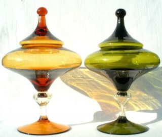 Large Vtg 60 ' s Amber Glass Bon Bon/Apothecary Jar Empoli Italy 2 of 2 8