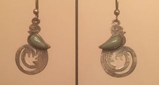 Vintage Sterling Silver Jade Bird Of Paradise Earrings Ear Drops