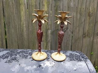 Vintage Brass Palm Tree Candle Stick Holders