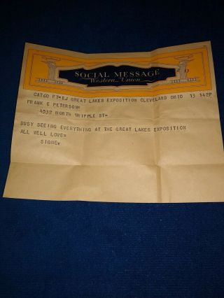 Vintage Western Union Telegram Sent From The Great Lakes Expo 1936