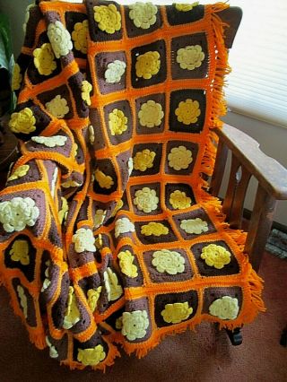 Vintage Granny Square Afghan 3d Rose Flowers Crochet Handmade Blanket 56 " X 90 "