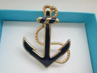 Vintage Signed Jewelery Gold Plated Metal Navy Enamel Anchor Nautical Brooch Pin