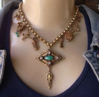 Vintage Necklace Art Deco Centerpiece W/ Rhinestone Old World Style Charms