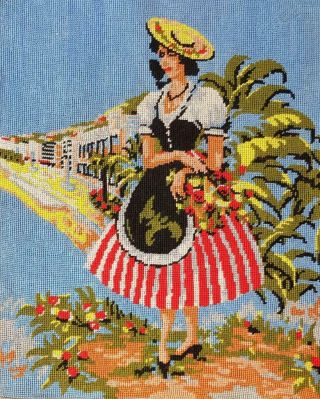 Vintage Completed Cotton Needlepoint A Girl With A Flowers Basket 19.  2 " X15 ".