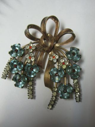Vintage Sterling Silver Pin Brooch Bouquet With Hanging Rhinestone Flowers