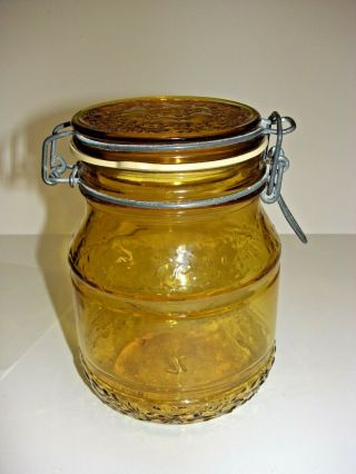 Vintage Italy Amber Glass Floral Canister Jar Latch Lid 1L yellow wire bale 2