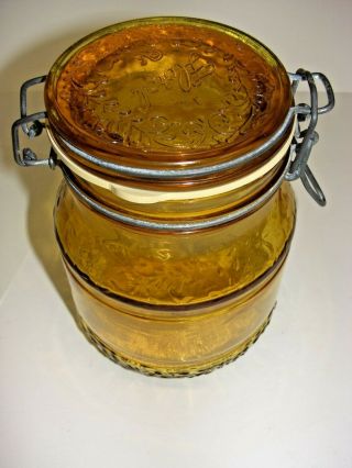 Vintage Italy Amber Glass Floral Canister Jar Latch Lid 1L yellow wire bale 3