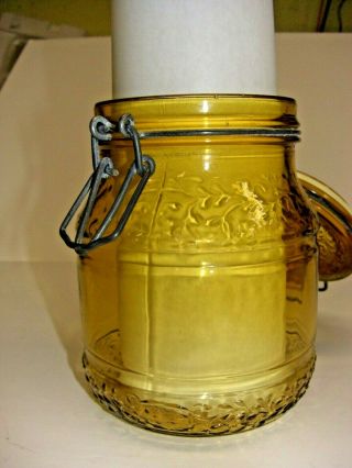 Vintage Italy Amber Glass Floral Canister Jar Latch Lid 1L yellow wire bale 5