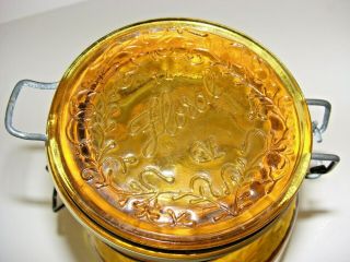 Vintage Italy Amber Glass Floral Canister Jar Latch Lid 1L yellow wire bale 8