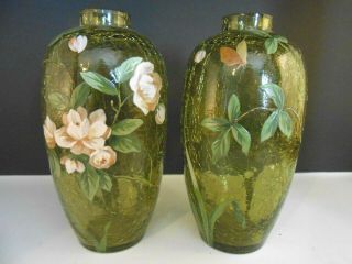 Vintage Art Green Crackle Glass Moser Vases Handpainted Flower