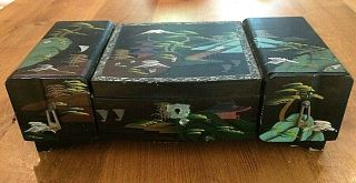 Vintage Asian Oriental Black Lacquer Jewelry Box W.  Compartments Made In Japan