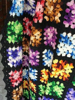 Granny Square Vintage Crochet Wool Black Multi Afghan Blanket Throw 50x72