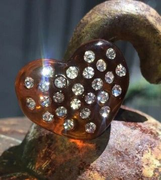 Vintage Translucent Brown Lucite Heart Crystal Ring