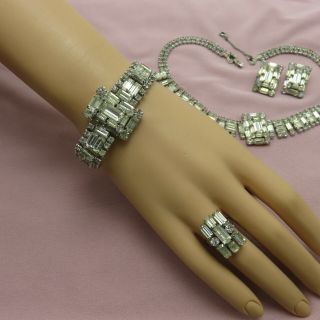 Vintage Rhinestone Necklace Clip On Earring Bracelet Ring Set Clear Crystal 19m 3